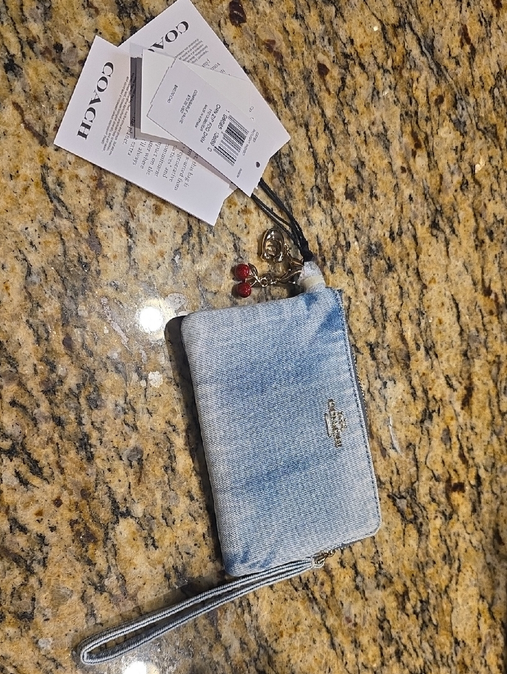Coach Loved Denim Corner Zip Wristlet with Two Charms